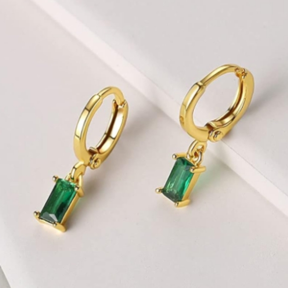 Emerald Crystal Rectangle Rhinestone Hoop Earrings Gold Mini Hoops CZ New - Picture 1 of 10